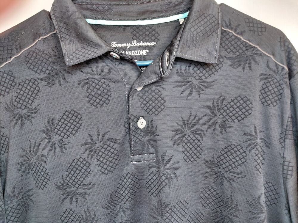 Tommy Bahama Mens Large IslandZone Pineapple Palm Coast Polo Shirt Black Golf